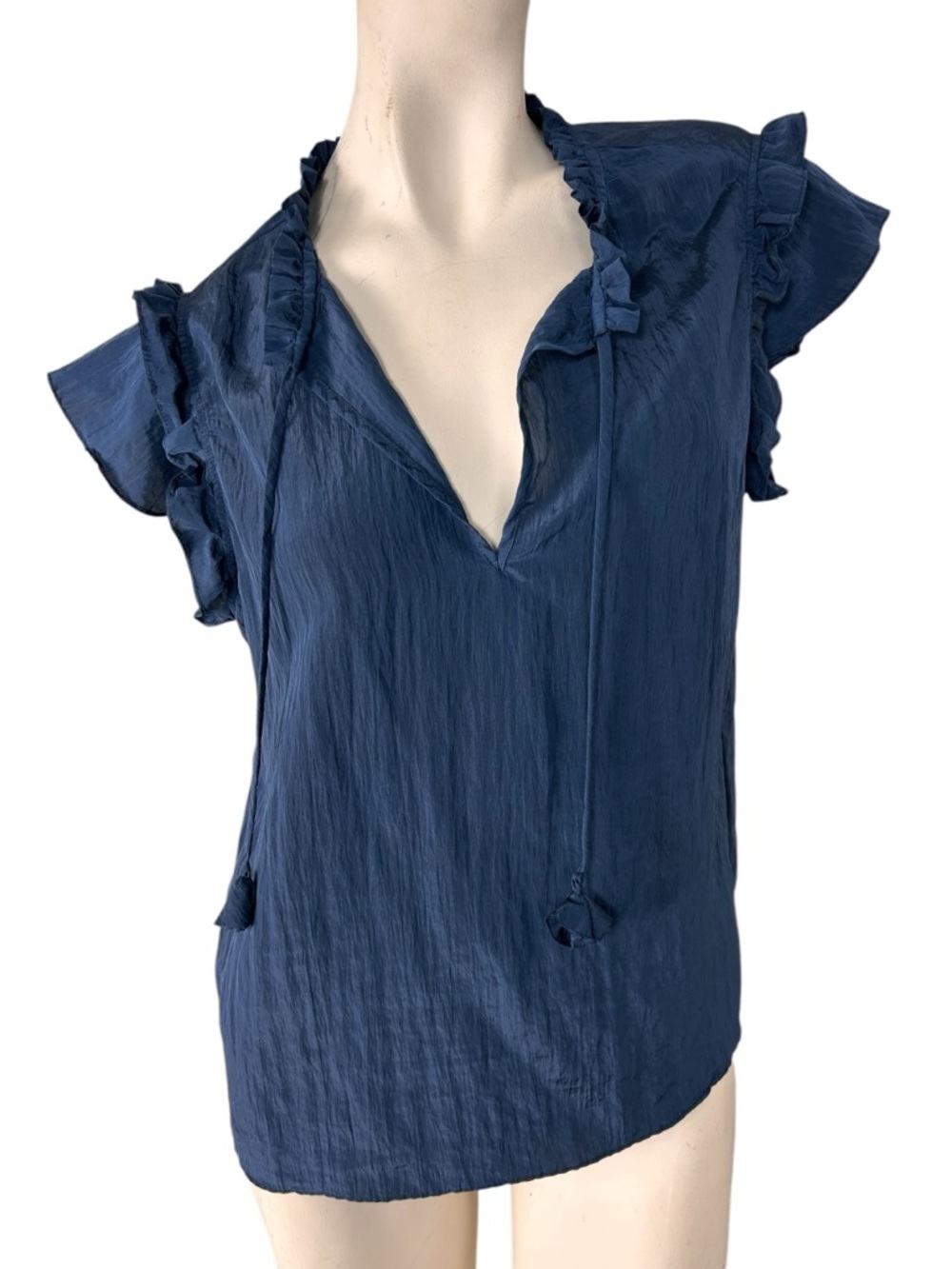 MISA Los Angeles Silk Blend Ruffle Sleeve Blouse Blue Boho Tie Neck Top Small